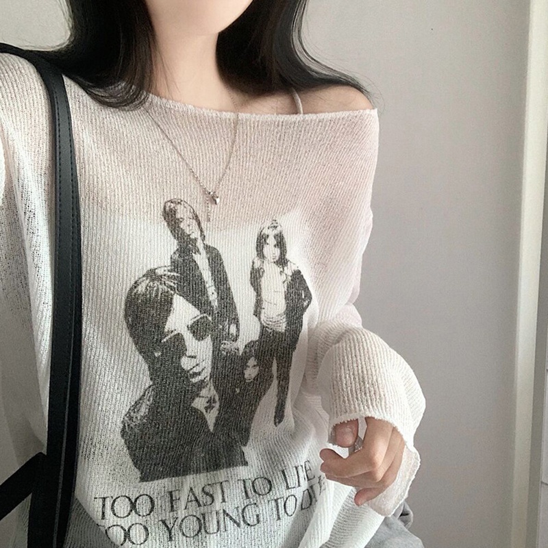 Áo Dệt Kim Mỏng Nhẹ Tay Dài Dáng Rộng In Họa Tiết Chân Dung Đơn Giản Dành Cho Nữ