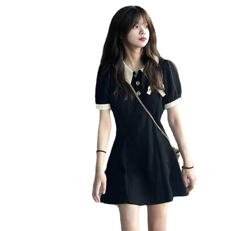 Đầm Cổ polo Màu Đen Phong Cách Pháp Thời Trang Mùa Hè 2023 Cho Nữ