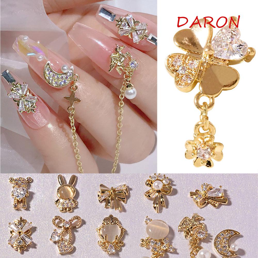 Móng Tay Giả DARON|Miếng Dán Trang Trí Móng Tay Hình Gấu 3D Bằng Kim Loại Lấp LánhDây Chuyền Mặt Đá Quý