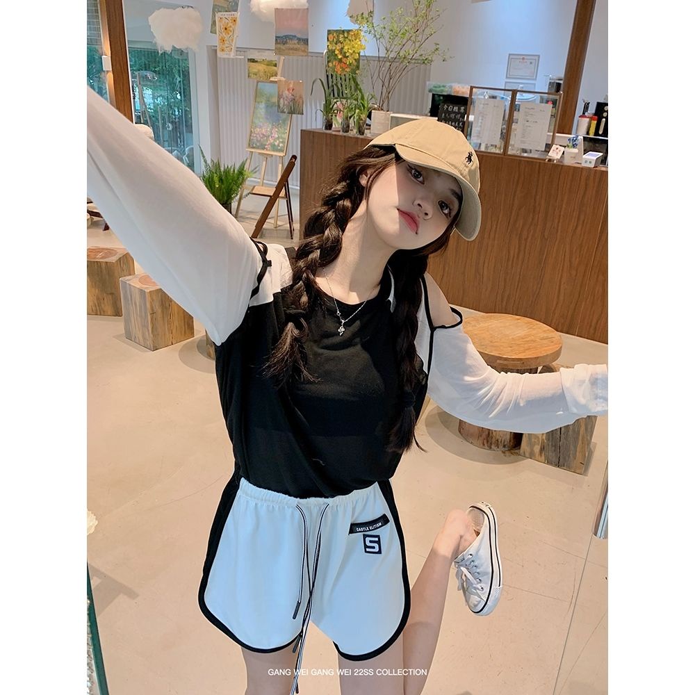 Áo Thun Tay Dài Trễ Vai Mỏng Chống Nắng Phối Màu Tương Phản Thời Trang Mùa Hè Cho Nữ