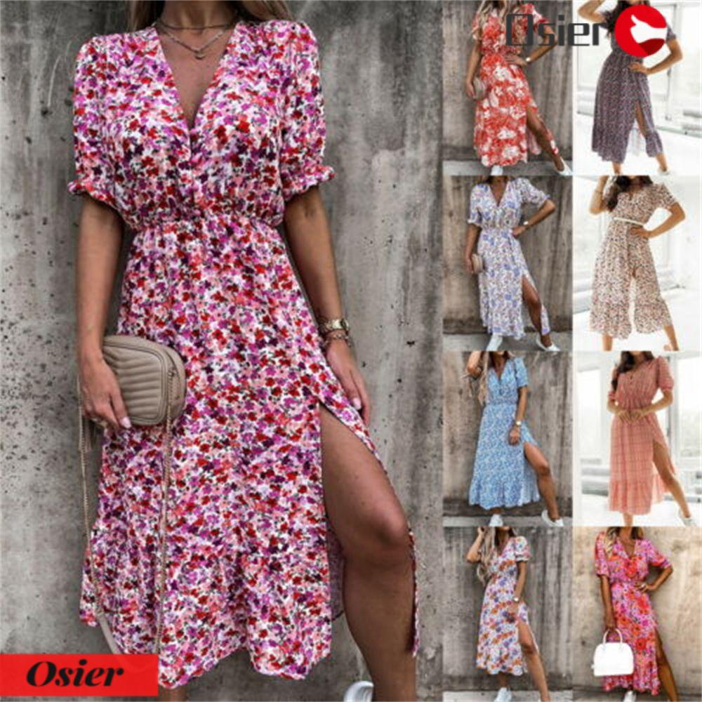 Đầm Hoa Tay Ngắn Cổ Chữ V Thời Trang Cho Nữ OSIER1