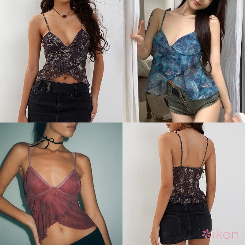 Áo Croptop Hai Dây Cổ Chữ V Phối Lưới In Họa Tiết Quyến Rũ Cho Nữ