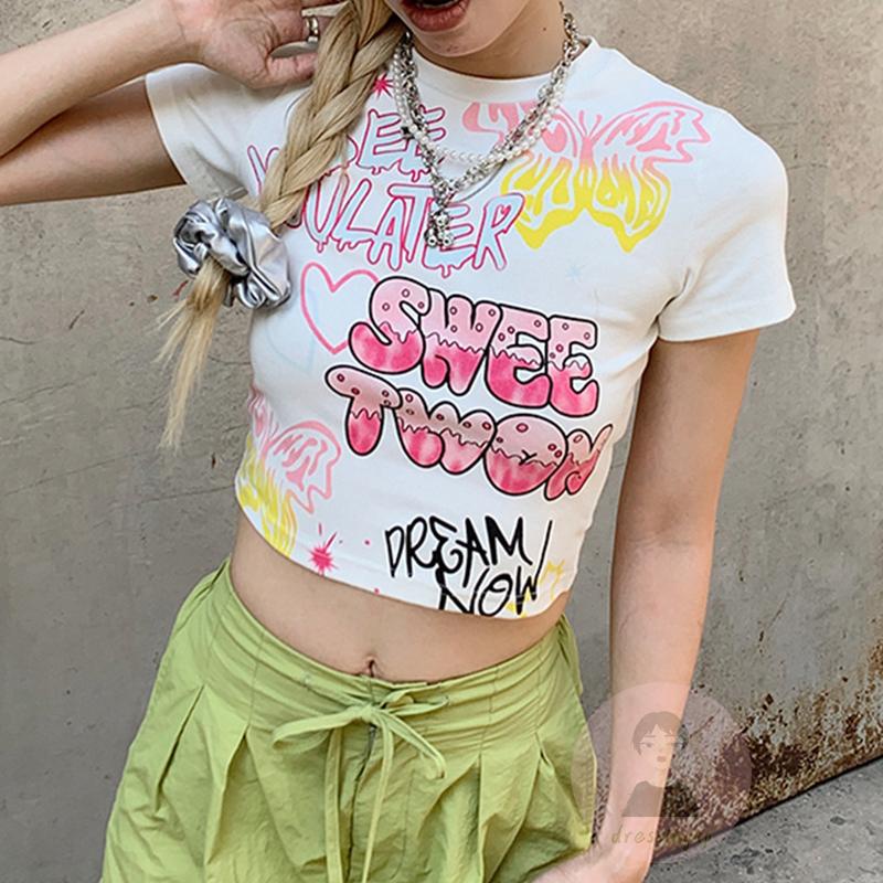 Áo Thun Croptop Tay Ngắn Dáng Ôm In Họa Tiết Hoạt Hình Và Chữ Cá Tính Cho Nữ