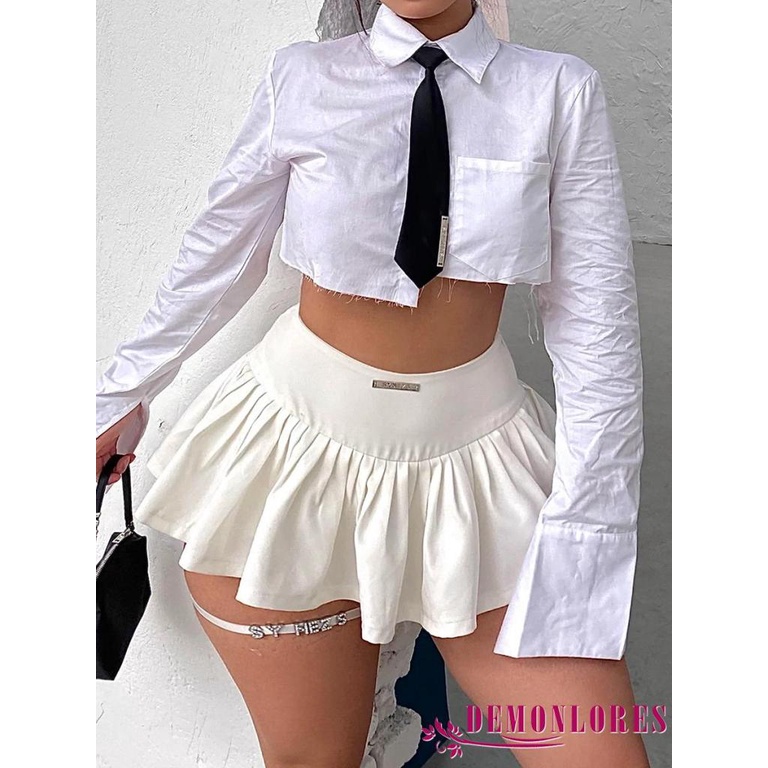 Chân Váy Xếp Ly Lưng Thấp Màu Trắng Phong Cách Hàn Quốc Quyến Rũ Cho Nữ Y2K