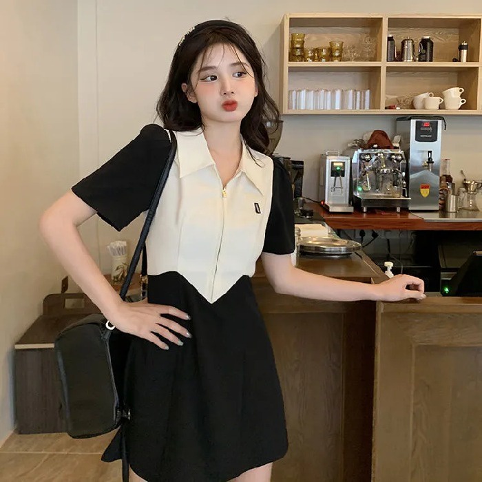 Đầm polo Ngắn Tay Màu Sắc Tương Phản Phong Cách Hàn Quốc Dành Cho Nữ
