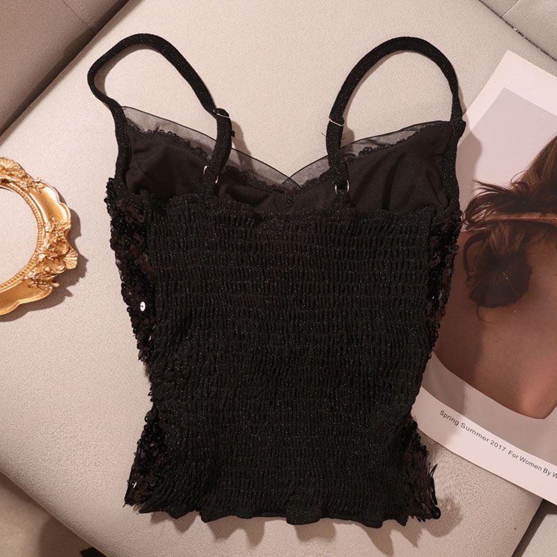 Áo Hai Dây Cổ Chữ V Màu Đen Đính Kim Sa Lấp Lánh Thời Trang Mùa Hè Cho Nữ