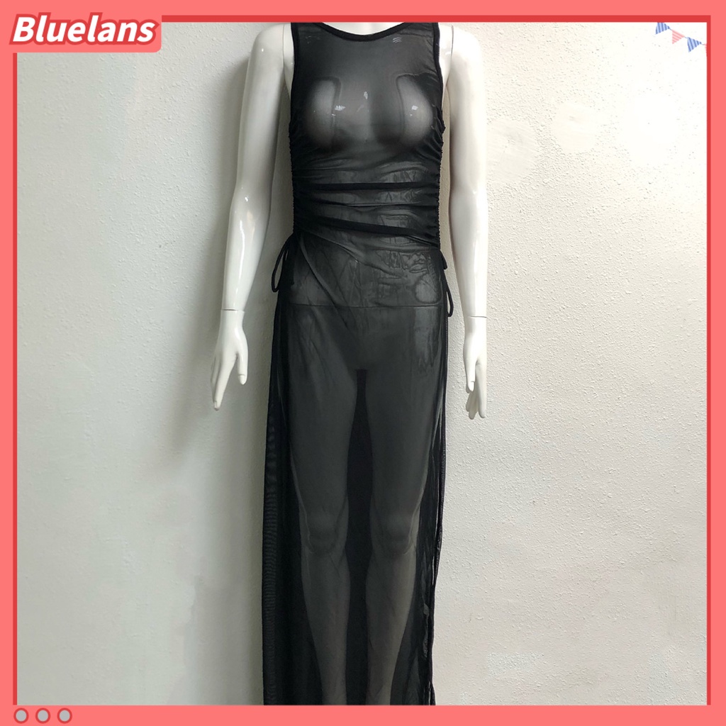 [BLS] Đầm Lưới Chống Nắng Không Tay Cổ Tròn Xẻ Tà Cao Bên Hông Dành Cho Nữ Đi Nghỉ Mát