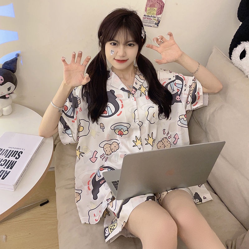 Bộ Đồ Ngủ Ngắn Tay In Hoạt Hình Kuromi Phong Cách Nhật Bản Thời Trang Mùa Hè Cho Nữ