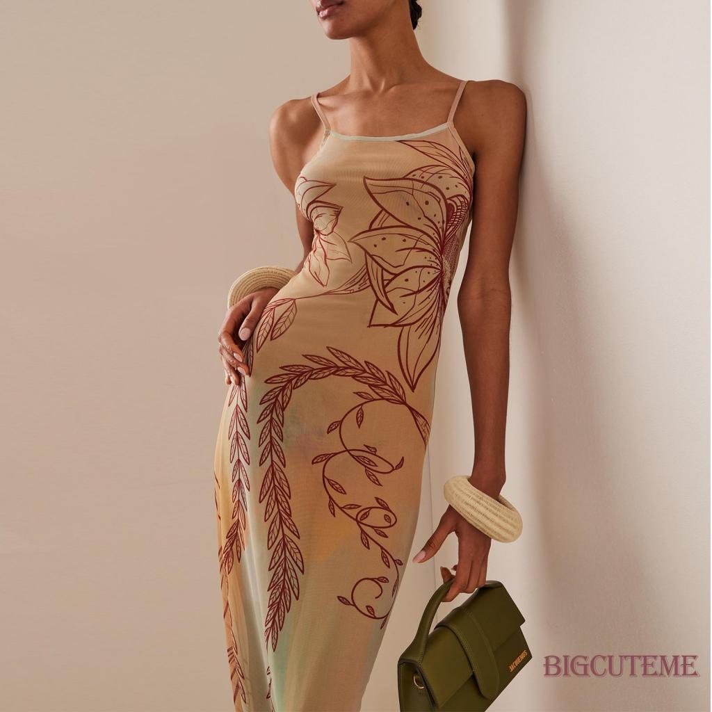 Đầm Dài Phối Lưới Xuyên Thấu Họa Tiết Hoa Thời Trang Mùa Hè Cho Nữ