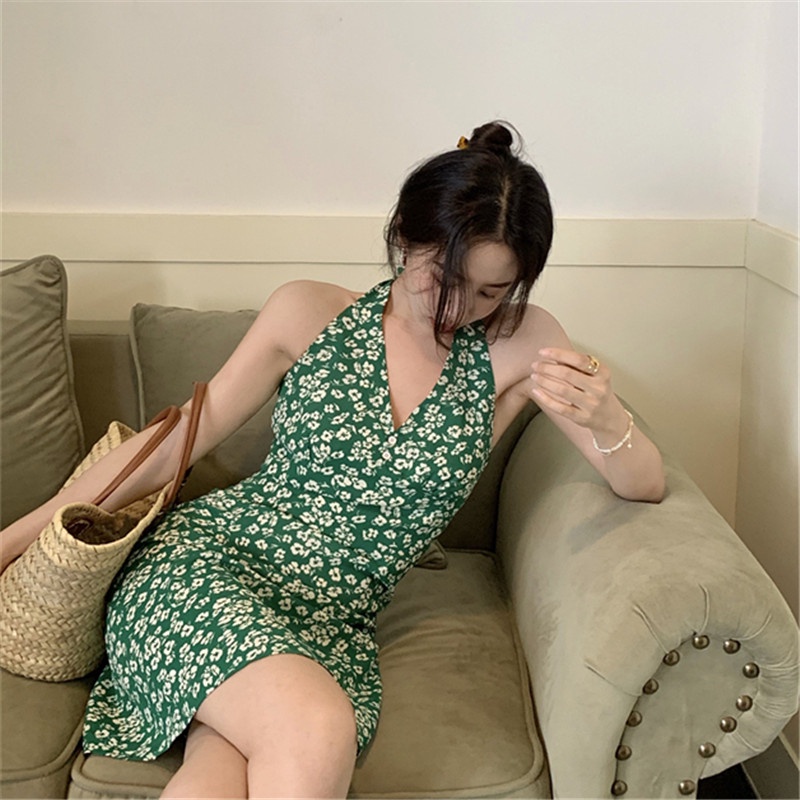 Đầm mini Hai Dây Màu Xanh Lá In Họa Tiết Hoa Phong Cách Pháp Cổ Điển Thời Trang Mùa Hè Quyến Rũ Cho Nữ