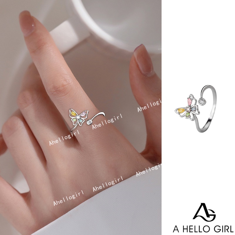 Ahellogirl Nhẫn Hở Mạ Bạc 925 Hình Bươm Bướm Đính Đá Thời Trang Cho Nữ