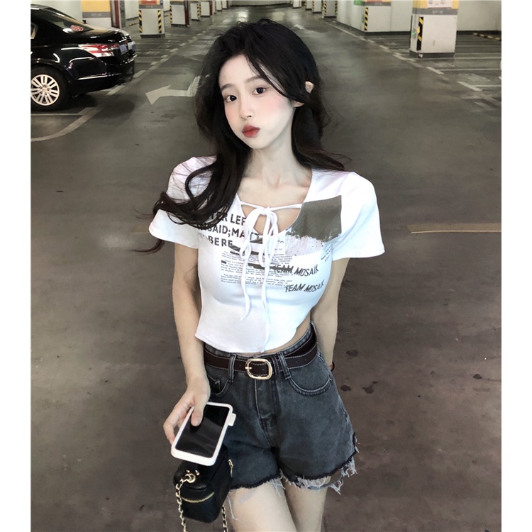 Hiixivi Áo Croptop Tay Ngắn Dáng Ôm In Họa Tiết Phong Cách Hàn Quốc Thời Trang Cho Nữ