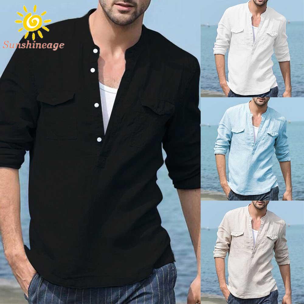 Áo Sơ Mi Nam Cổ Đứng Dài Tay Vải Lanh Cotton