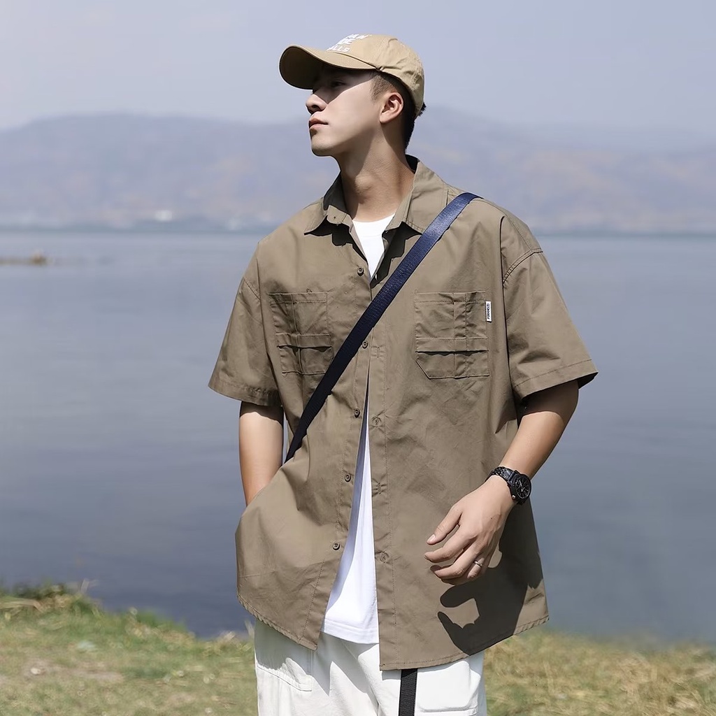 Áo Sơ Mi Tay Ngắn Màu Trơn Đơn Giản Phong Cách Đường Phố Mỹ Nhật Bản Thời Trang Mùa Hè Mới Cho Nam