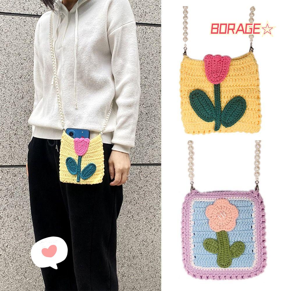 BORAG Túi Đeo Chéo Đan Len Họa Tiết Hoa Tulip Thời Trang Cho Nữ