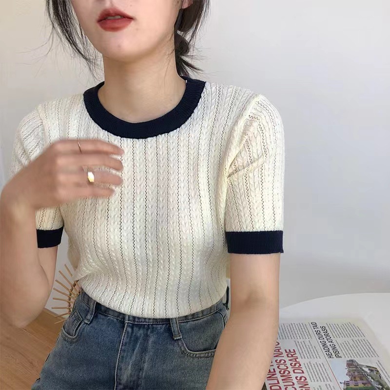 Dây Cáp Liên Kết Liên Kết Với Nhau ✿ Áo Thun Dệt Kim Mỏng Cổ Tròn Tay Ngắn Màu Tương Phản Thời Trang Cho Nữ