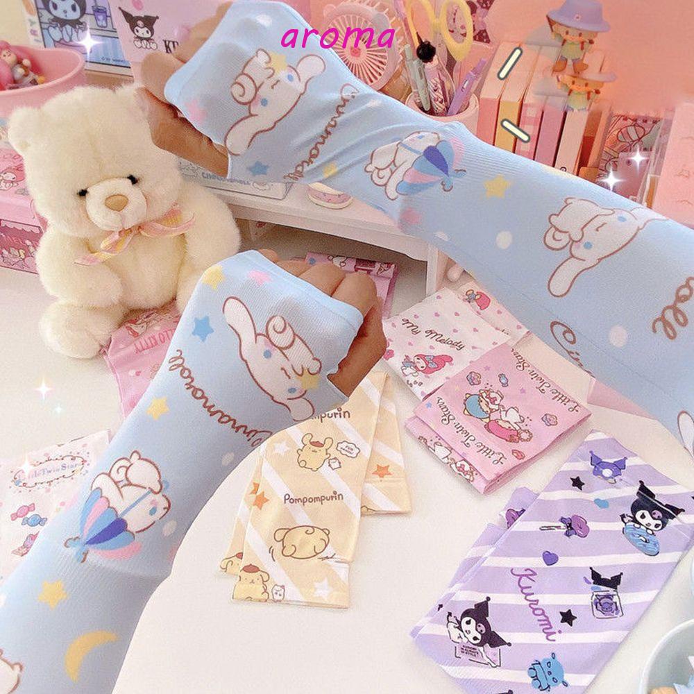 AROMA Găng Tay Chống Nắng Bằng Lụa Lạnh Mềm Mại In Họa Tiết Hoạt Hình Mèo Kuromi Kitty Cho Nữ
