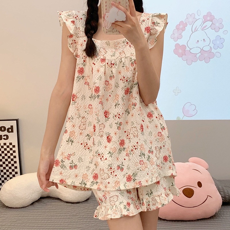 Bộ Đồ Ngủ cotton Hai Dây Dáng Ngắn Dễ Thương Cho Nữ