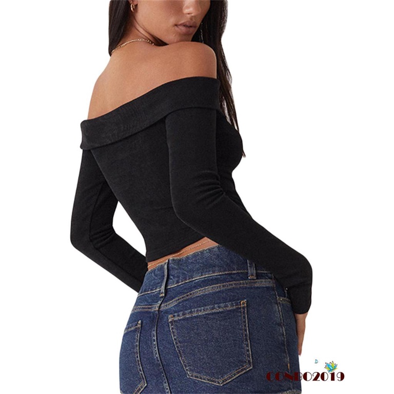 Áo Thun Tay Dài Trễ Vai Màu Sắc Đơn Giản Dành Cho Nữ