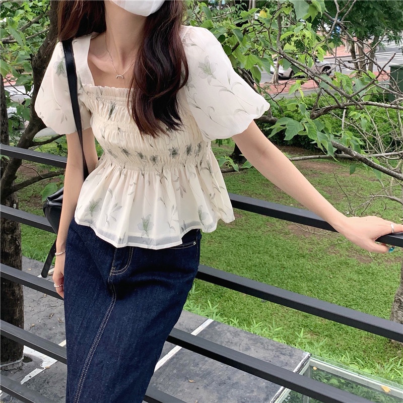 Áo Voan Hoa Ngắn Tay Cổ Vuông Thời Trang Xinh Xắn Cho Nữ