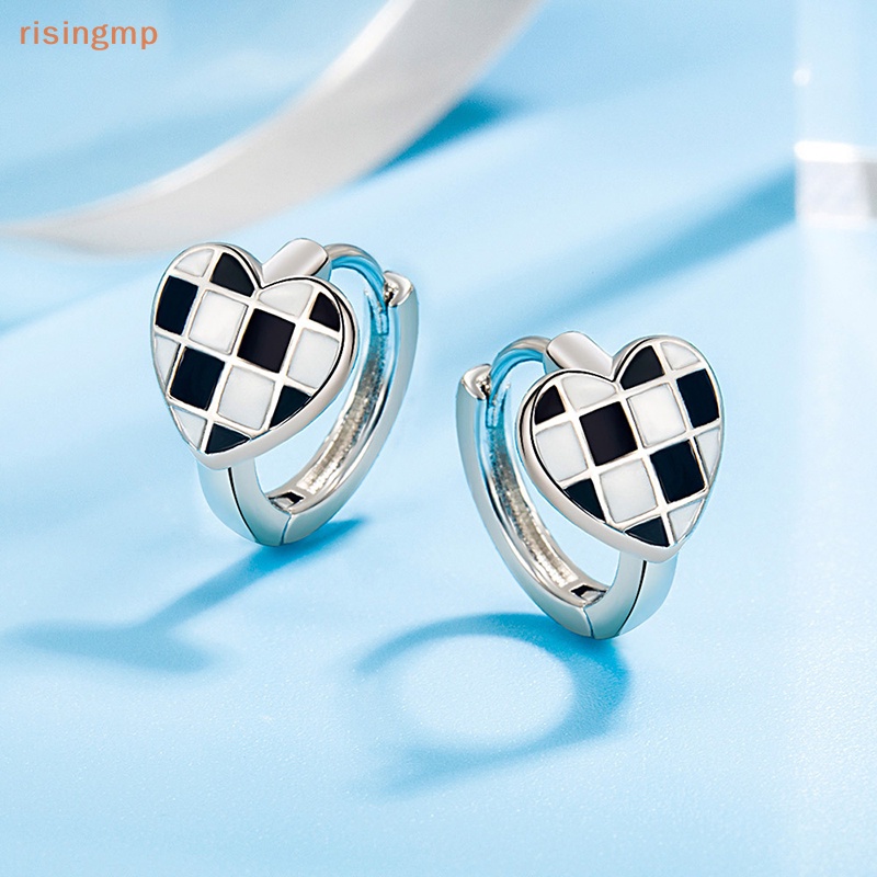 1 Đôi Bông Tai Bạc Hình Trái Tim Họa Tiết Sọc Caro Trắng Đen Sáng Tạo Thời Trang Cho Nữ