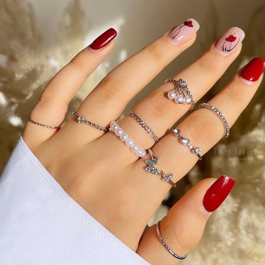 Set 9 Nhẫn Bạc Đính Hạt Giả Ngọc Trai Hình Bướm
