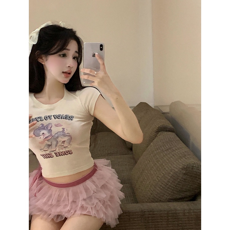 Áo Baby Tee Thun Croptop Nữ Tay Ngắn Hở Rốn Ôm Dáng In Hình Hươu Phong Cách Mới Mùa Hè Cho Nữ