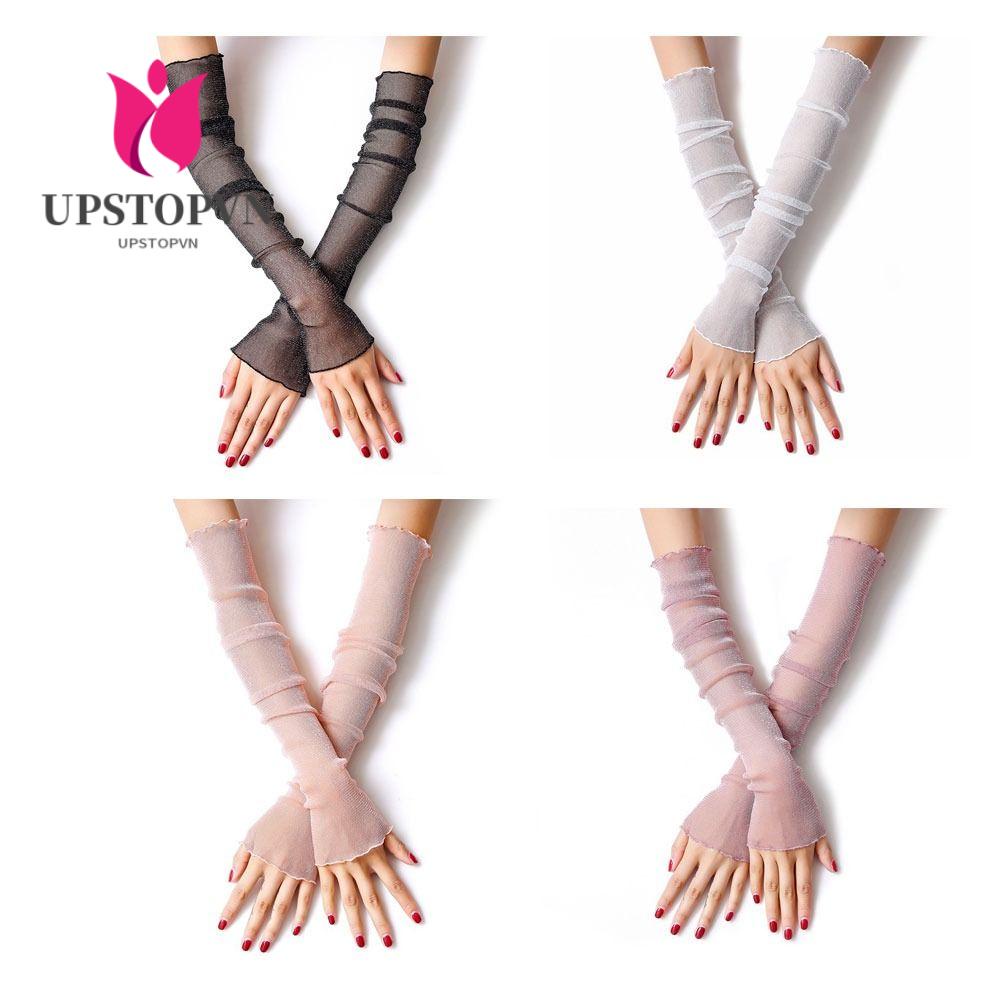 UPSTOPVN Set 4 Đôi Găng Tay Cotton / Dệt Kim Phối Ren Lưới Chống Nắng Màu Trắng / Đen / Hồng / Tím Dành Cho Mùa Hè