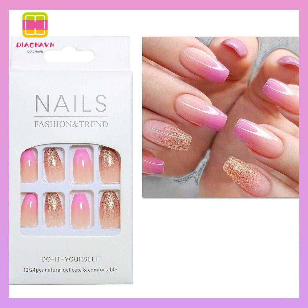 DIACHAVN Bộ 24 Móng Tay Giả Màu Hồng Lấp Lánh Có Thể Tháo Rời Cho Nữ