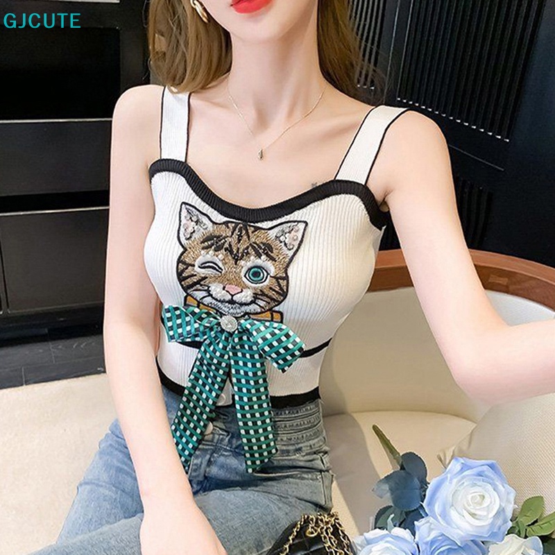Mfc Áo Dệt Kim Mỏng Không Tay Thêu Hình Mèo Và Nơ WTD Thiết Kế Chính Hãng