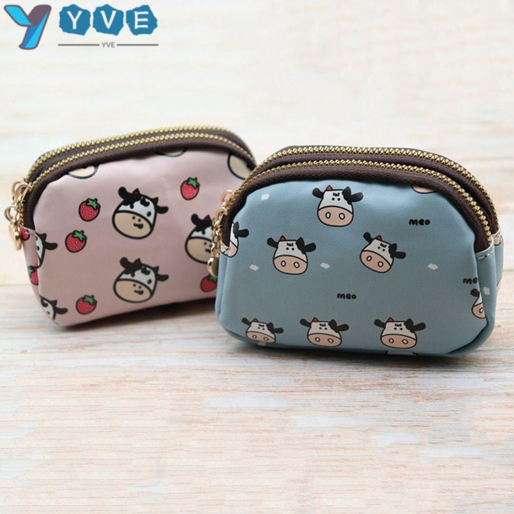 YVE Ví Đựng Thẻ Có Khóa Kéo Họa Tiết Bò Sữa Đáng Yêu Cho Nữ