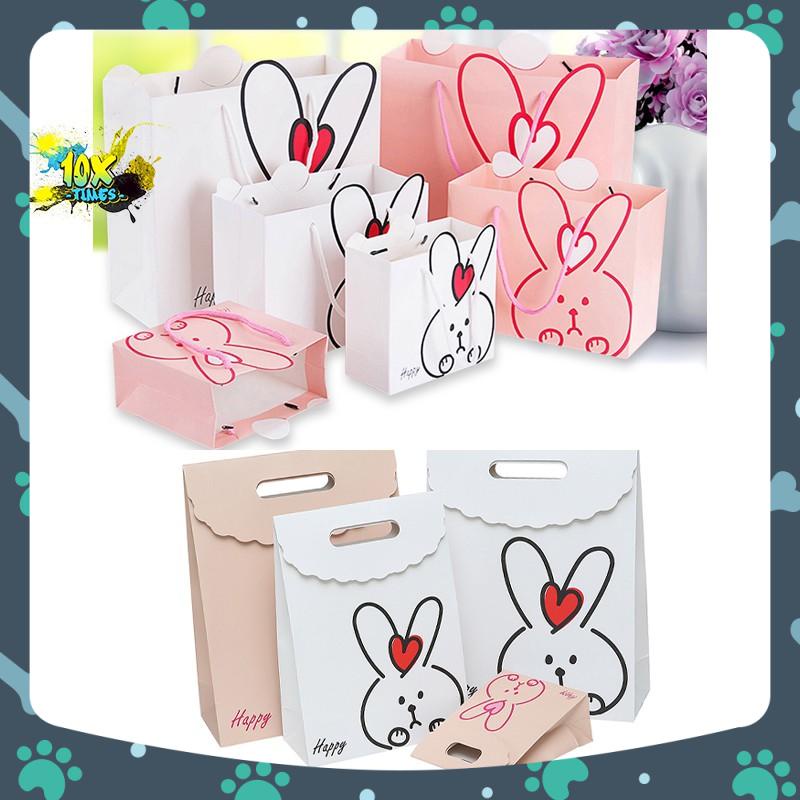 túi giấy đựng quà tặng dễ thương trắng hồng họa tiết thỏ cute tặng sinh nhật bạn gái, valentine, ngày lễ