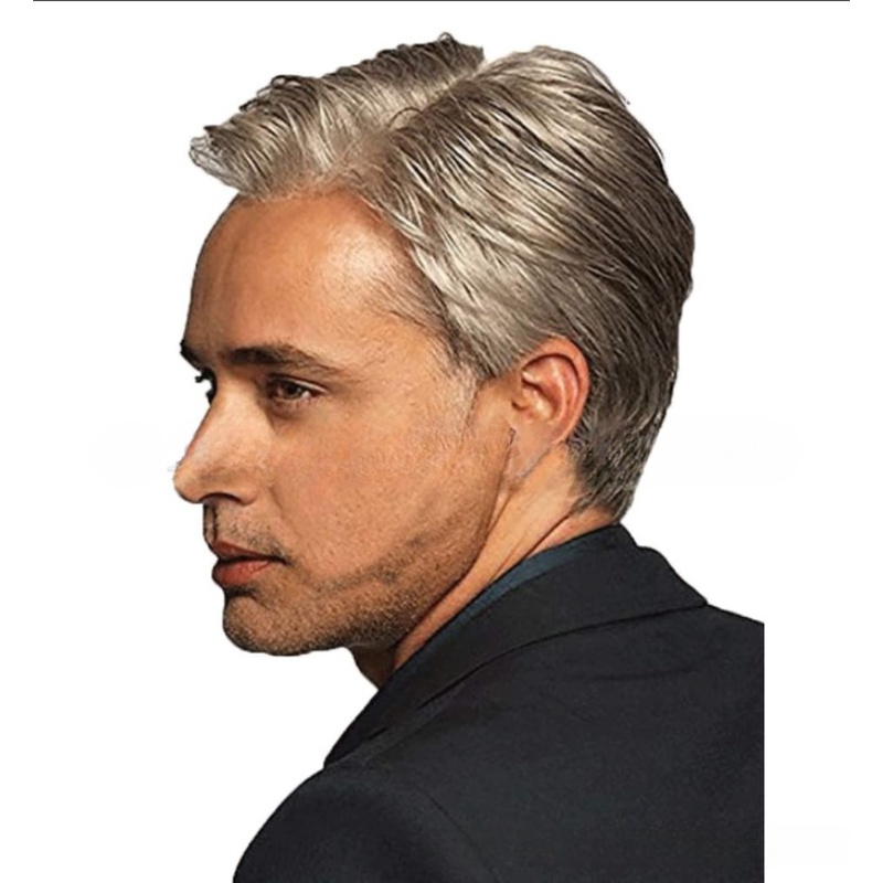 Tóc Giả Ngắn Thẳng Màu Xám Bạc Thời Trang Cho Nam Trung Niên