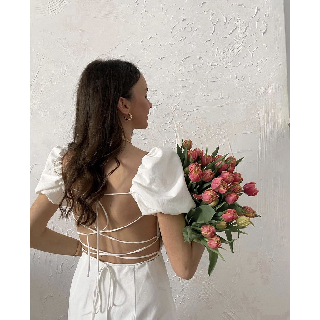 Zara Đầm Trắng Tay Phồng Hở Lưng Quyến Rũ Thời Trang Hè Kiểu Pháp