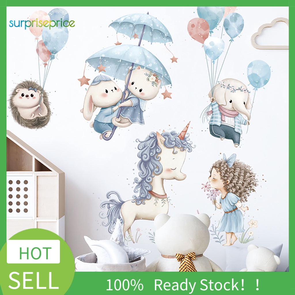 Miếng Dán Tường Bằng PVC Hình Thỏ / Voi Hoạt Hình Dễ Thương Trang Trí Phòng Bé