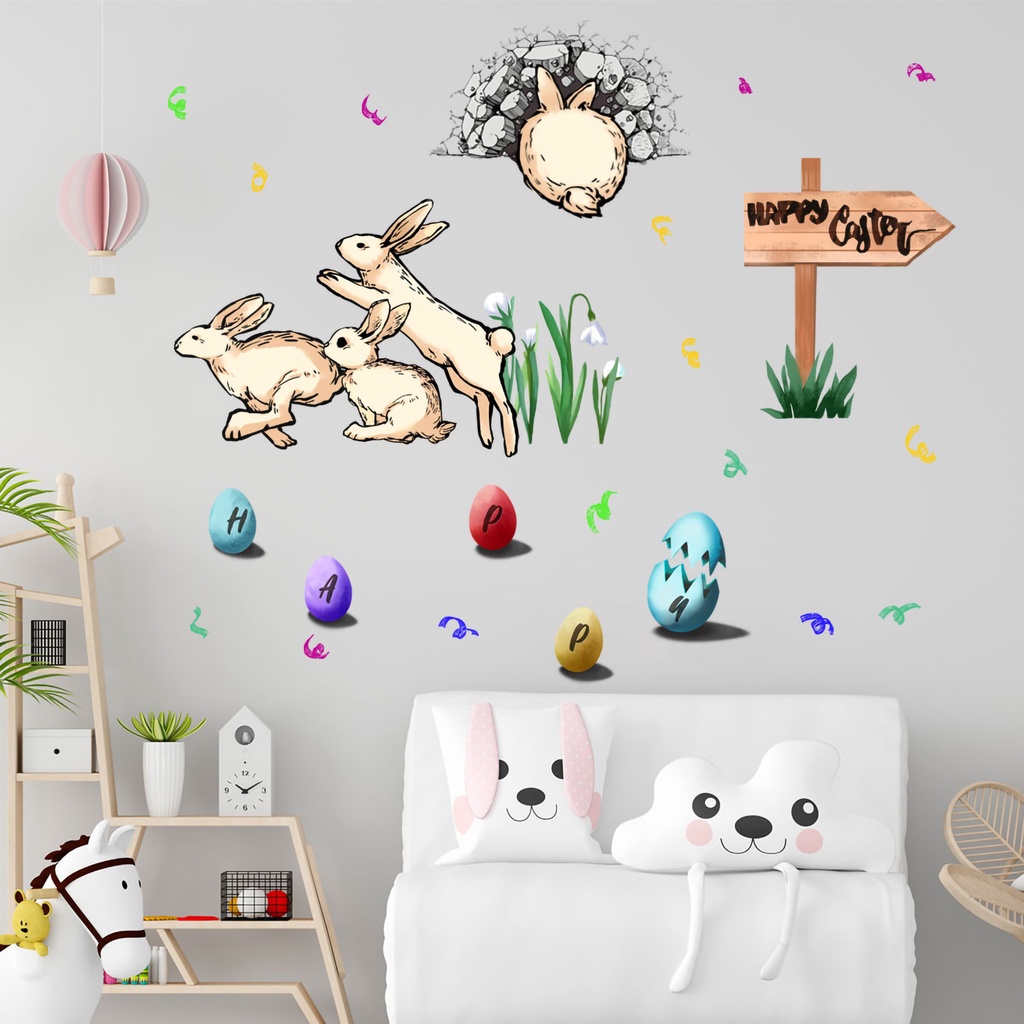 Set 2 Miếng Dán Tường / Cửa Sổ Bằng PVC Hình Thỏ Phục Sinh Dễ Thương Trang Trí Nhà Cửa