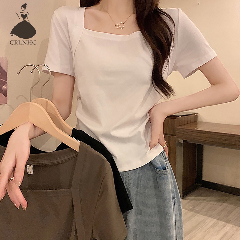 Áo Thun Croptop Tay Ngắn Cổ Vuông Màu Trơn Thời Trang Mùa Hè Xinh Xắn Cho Nữ
