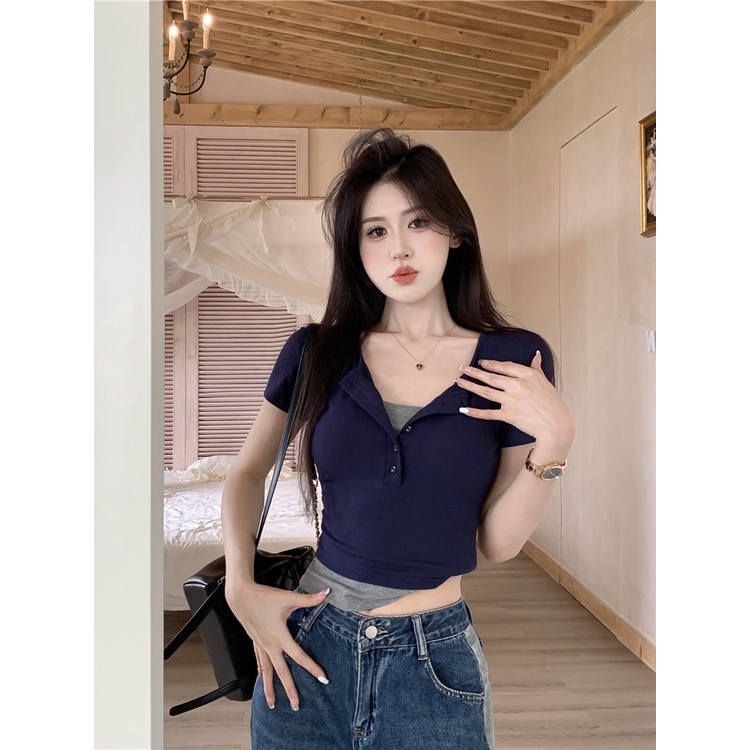 Áo Thun Ngắn Tay Giả Hai Lớp Phong Cách Retro Nữ Tính