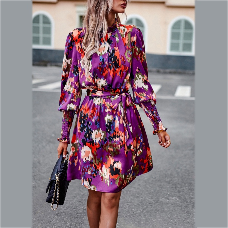 Đầm Chữ A Tay Dài Cổ Nhún Bèo In Họa Tiết Hoa Tinh Tế Thời Trang Xuân Hè Cho Nữ