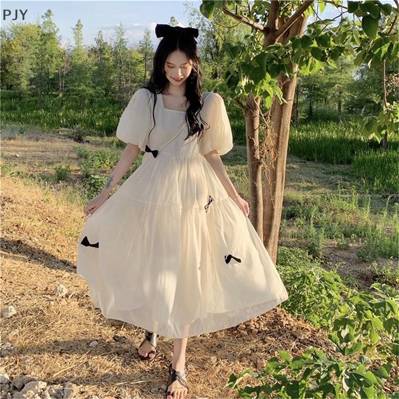 Đầm Midi Dáng Chữ A Cổ Tròn Tay Phồng Đính Nơ Thời Trang Mùa Hè Cho Bạn Gái PJ