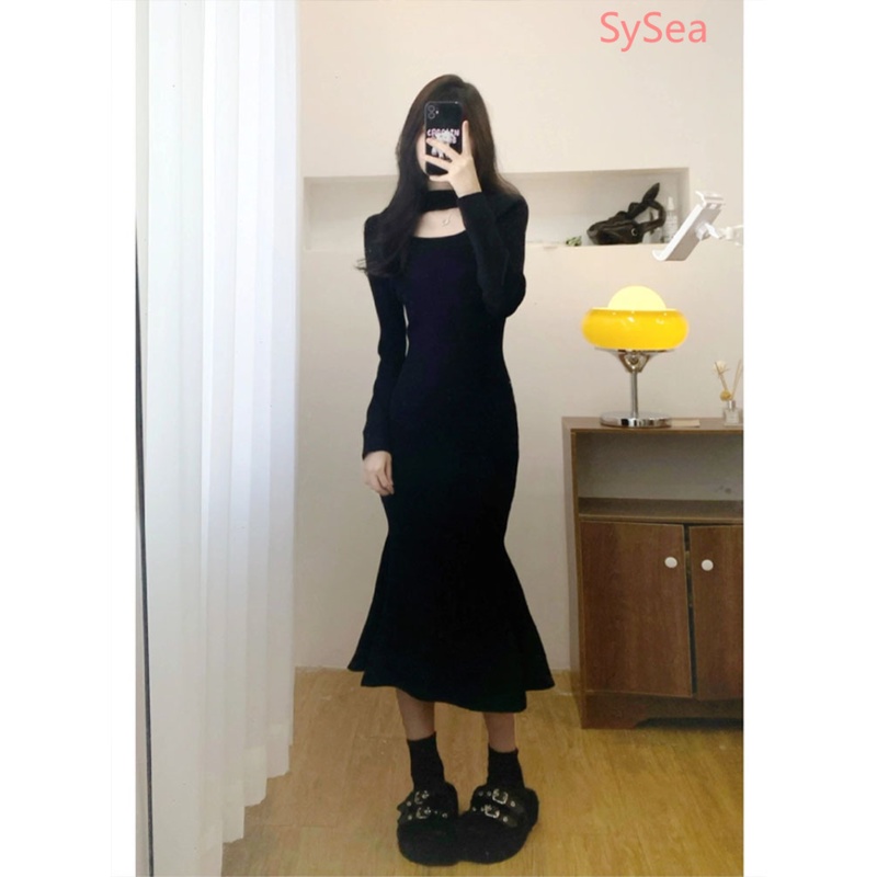 Đầm Đuôi Cá Dệt Kim Tay Dài Dáng Ôm Thời Trang Thanh Lịch Cho Nữ