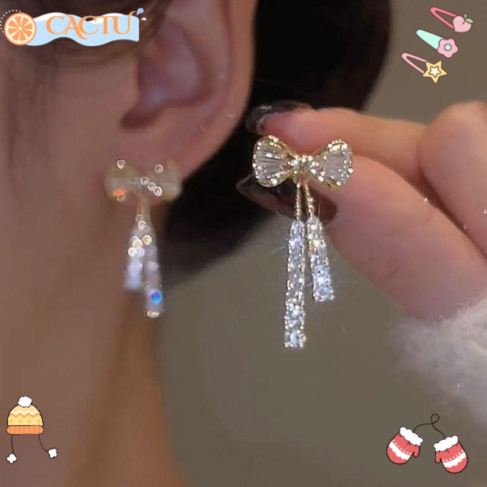 CACTU Đôi Bông Tai Tua Rua Dài Hình Nơ Bằng Hợp Kim Thời Trang Cho Nữ