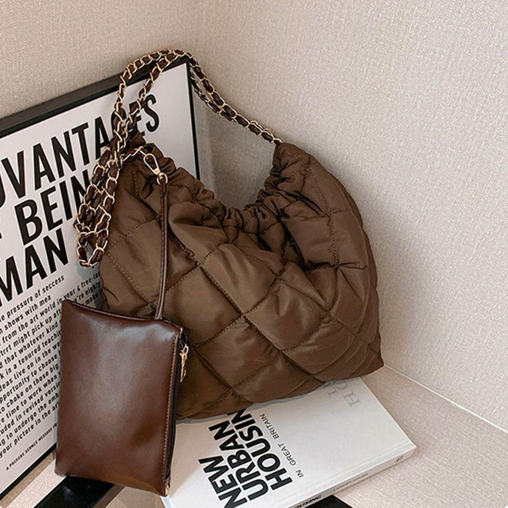 BLISS Túi Cotton Kẹp Nách Họa Tiết Lưới Hình Thoi Màu Trơn Dễ Thương Sức Chứa Lớn Kèm Ví Đựng Tiền Xu Phong Cách Hàn Quốc Cho Nữ