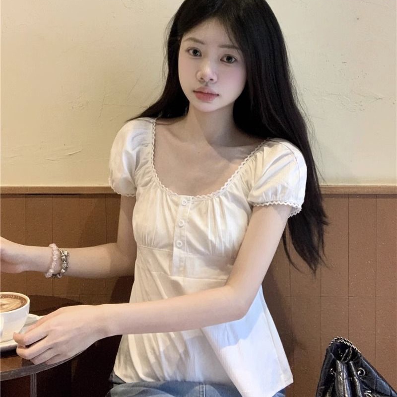 Áo Kiểu Tay Phồng Ngắn Eo Ôm Thời Trang Thanh Lịch Dành Cho Nữ