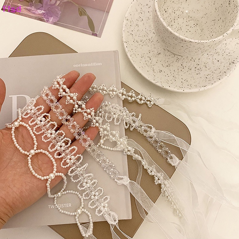 {Ffsd} Vòng Cổ Choker Dây Ruy Băng Dài Đính Hạt Ngọc Trai Pha Lê Ngọt Ngào Lãng Mạn Hàng Bán Chạy *