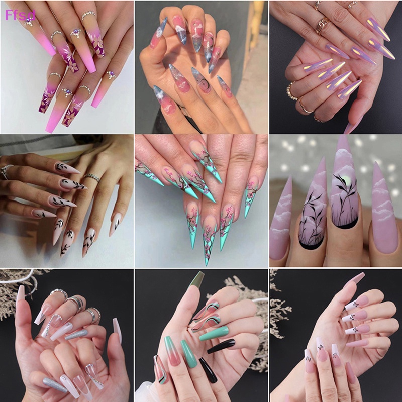 {Ffsd} Hộp 24 Móng Tay Giả Dáng Dài Hình Bướm / Giày Cao Gót Dạng Nhấn Ở Móng Tay Bán Chạy