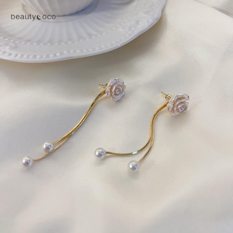 Beautycoco🍊Đôi Bông Tai Dáng Dài Đính Hoa Trà  Phối Tua Rua Thời Trang Cho Nữ,Bông tai mạ bạc 925 hình hoa trà đính ngọc trai phong cách mới 2023