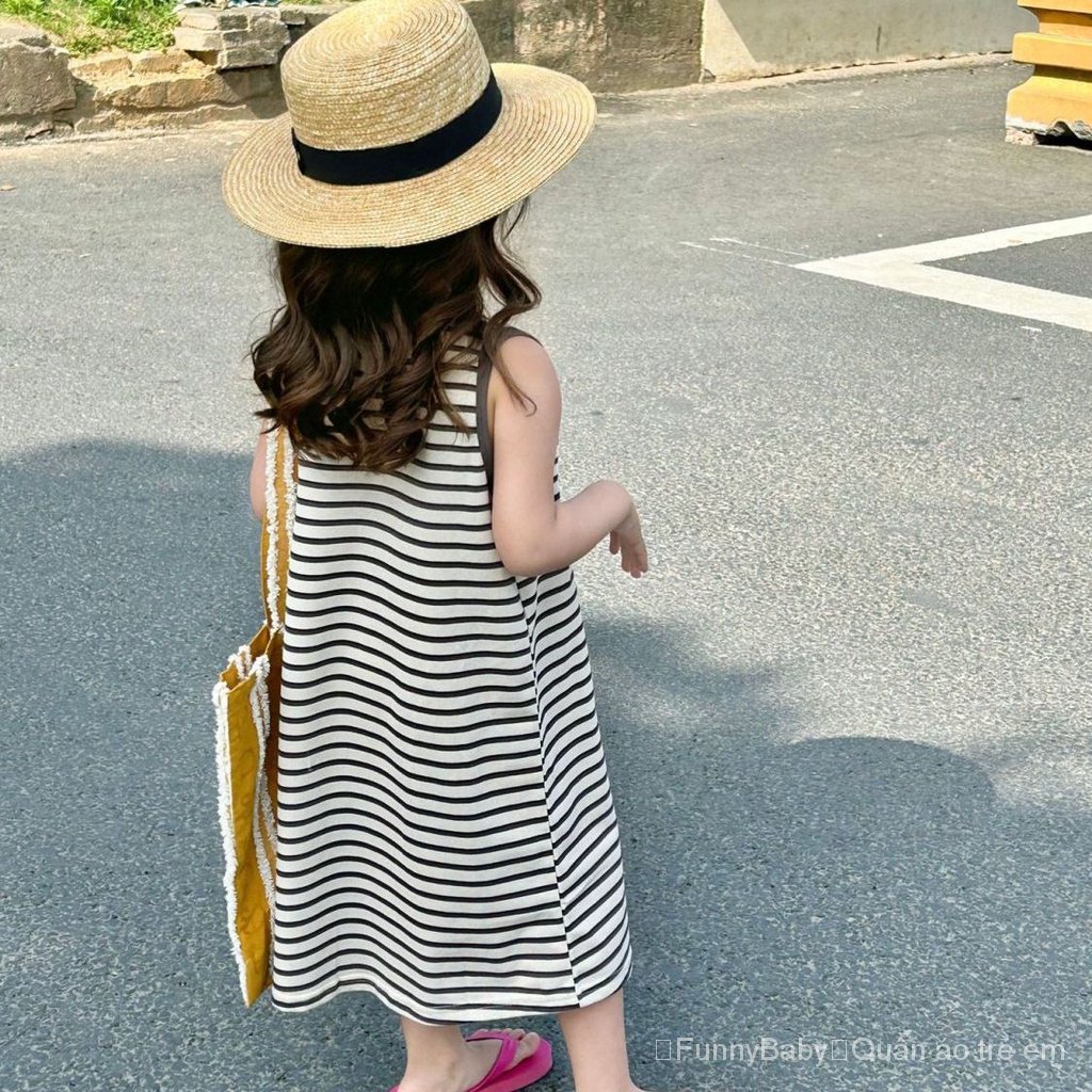 Đầm Không Tay 100% Cotton Họa Tiết Kẻ Sọc Thời Trang Mùa Hè 2023 Mới Cho Bé Gái