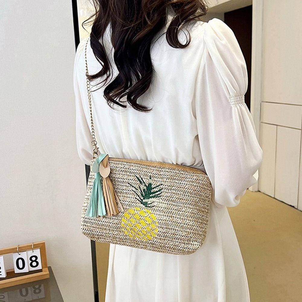 LOMBARD Túi cói Bằng Rơm Đan Hình Trái Cây Phối Dây Xích Bằng Da Thanh Lịch Cho Mua Sắm