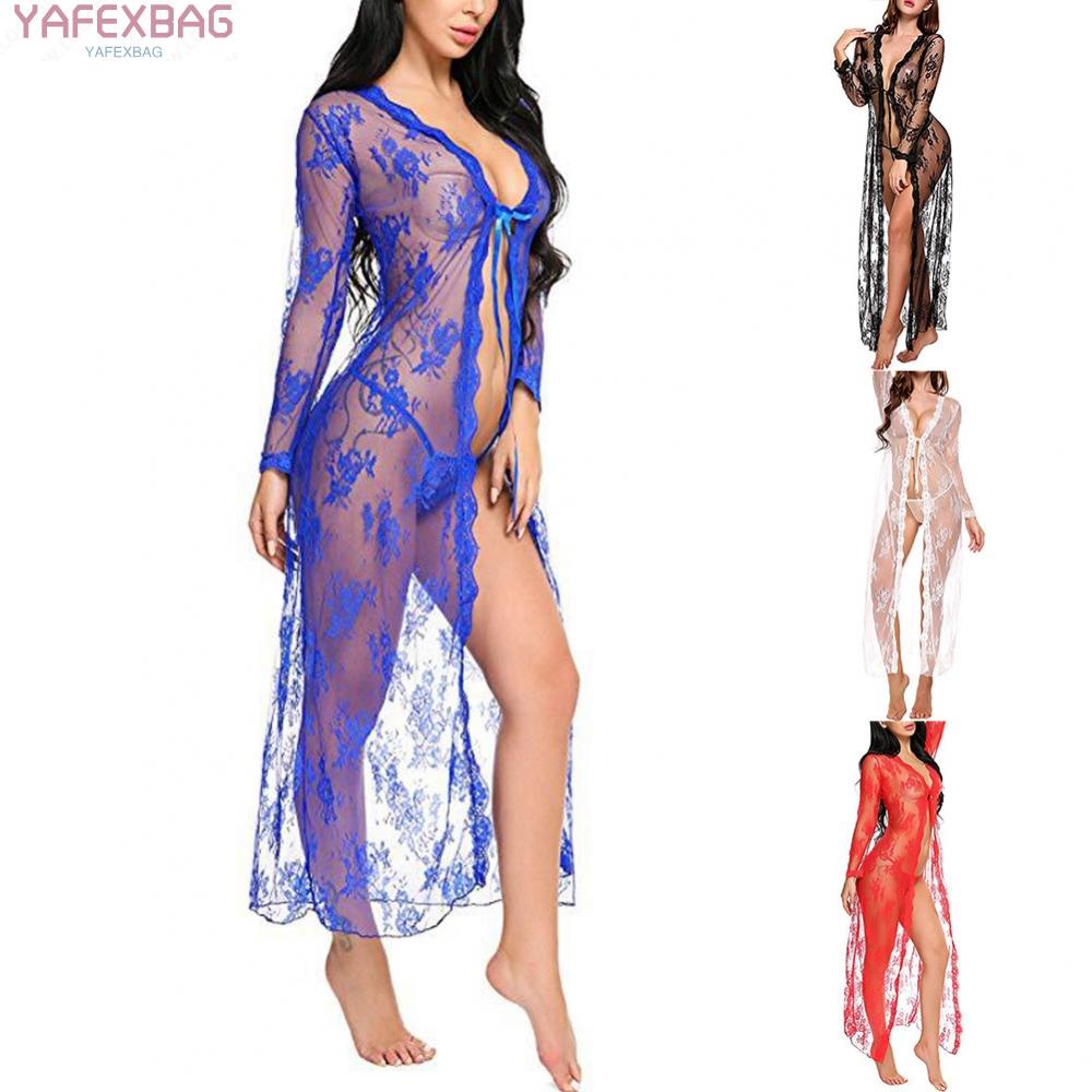 Women Sexy Lingerie Long Lace Dress Sheer See Through Kimono Robe Nightgown